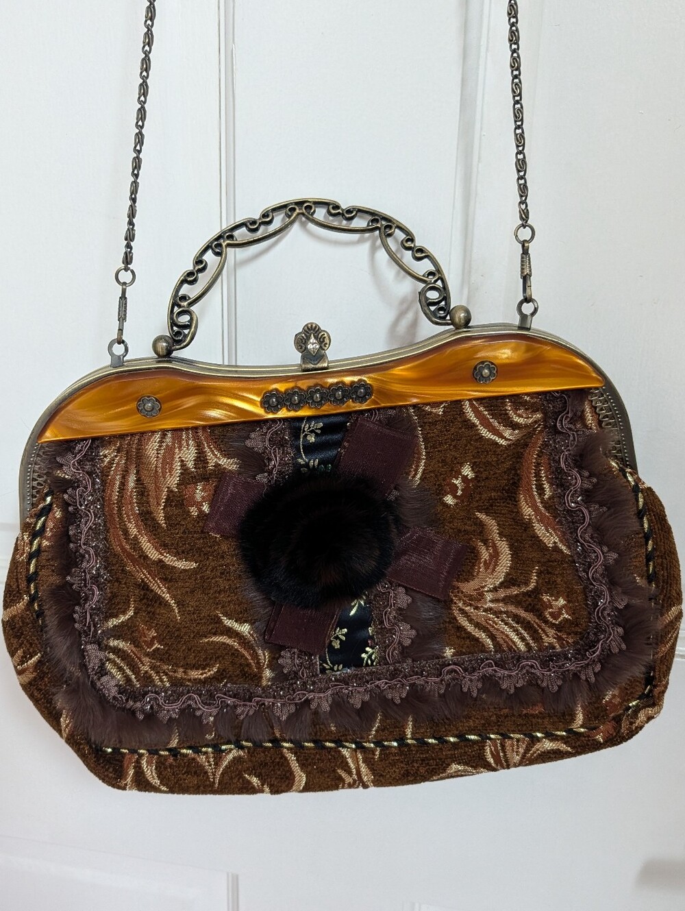 Sassi Cindi Collection Shoulder Bag Brown Velvet Frame Handbag w/ Amber Accents